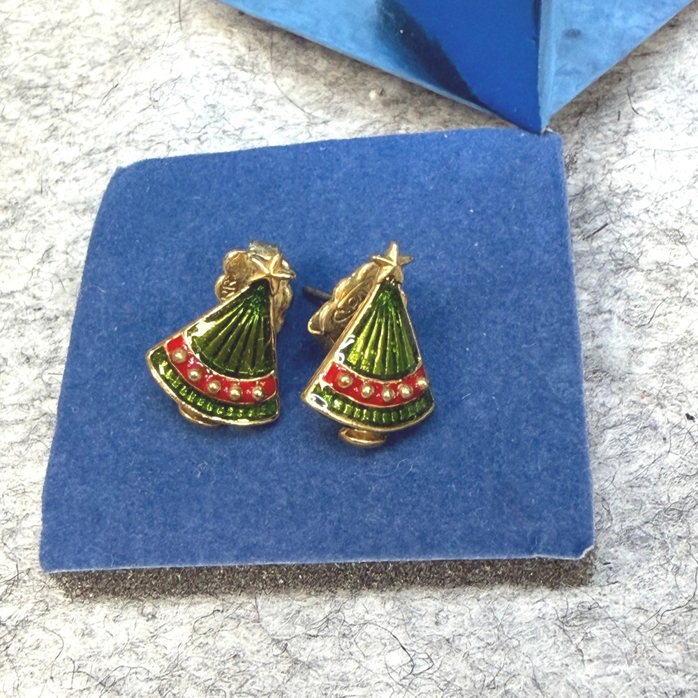 Avon Vtg Holiday Classic Christmas Tree Earrings Gold Tone Enamel Studs 2005 Box